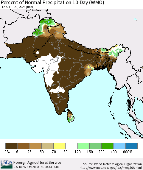 Southern Asia Percent of Normal Precipitation 10-Day (WMO) Thematic Map For 2/11/2023 - 2/20/2023