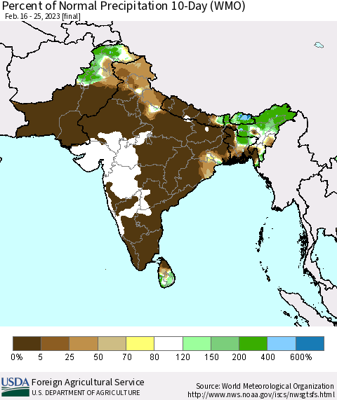 Southern Asia Percent of Normal Precipitation 10-Day (WMO) Thematic Map For 2/16/2023 - 2/25/2023