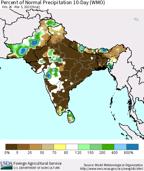 Southern Asia Percent of Normal Precipitation 10-Day (WMO) Thematic Map For 2/26/2023 - 3/5/2023