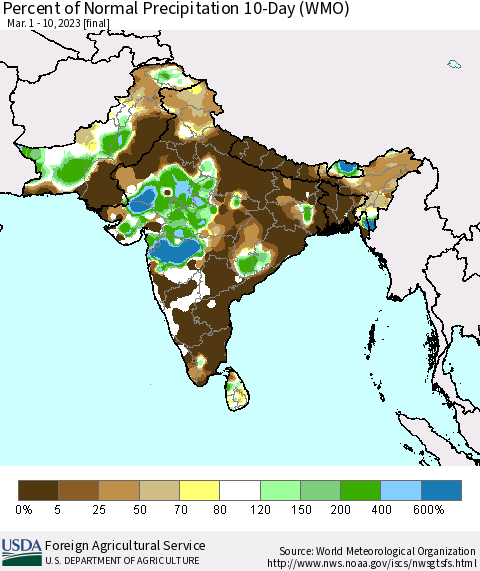Southern Asia Percent of Normal Precipitation 10-Day (WMO) Thematic Map For 3/1/2023 - 3/10/2023