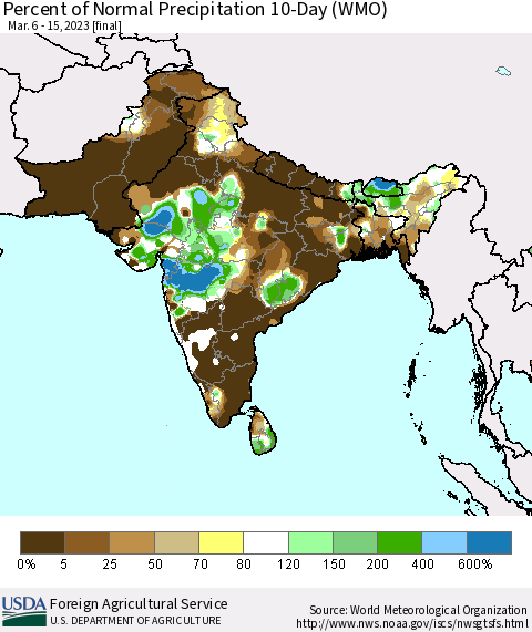 Southern Asia Percent of Normal Precipitation 10-Day (WMO) Thematic Map For 3/6/2023 - 3/15/2023
