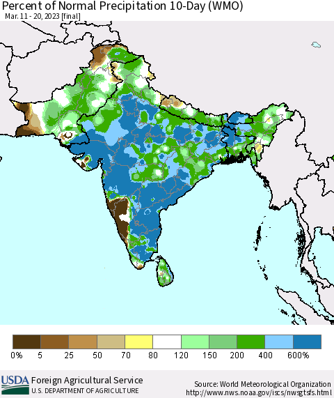 Southern Asia Percent of Normal Precipitation 10-Day (WMO) Thematic Map For 3/11/2023 - 3/20/2023