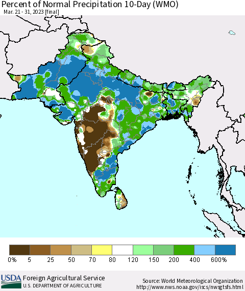 Southern Asia Percent of Normal Precipitation 10-Day (WMO) Thematic Map For 3/21/2023 - 3/31/2023