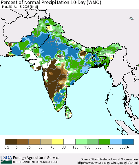 Southern Asia Percent of Normal Precipitation 10-Day (WMO) Thematic Map For 3/26/2023 - 4/5/2023