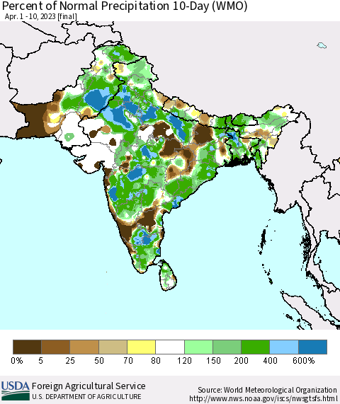 Southern Asia Percent of Normal Precipitation 10-Day (WMO) Thematic Map For 4/1/2023 - 4/10/2023