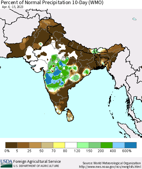 Southern Asia Percent of Normal Precipitation 10-Day (WMO) Thematic Map For 4/6/2023 - 4/15/2023