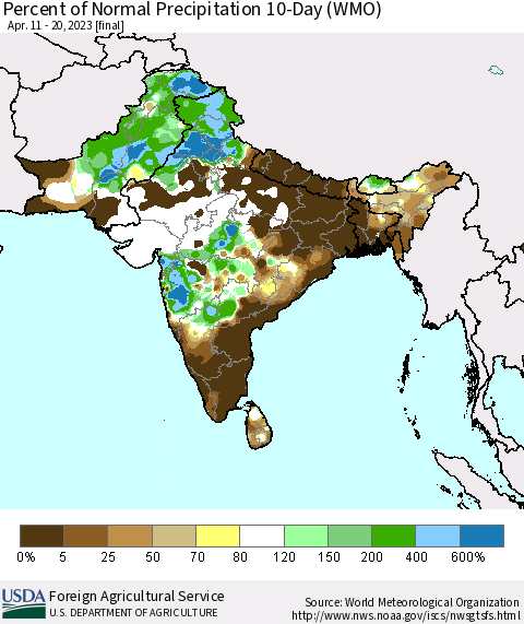 Southern Asia Percent of Normal Precipitation 10-Day (WMO) Thematic Map For 4/11/2023 - 4/20/2023