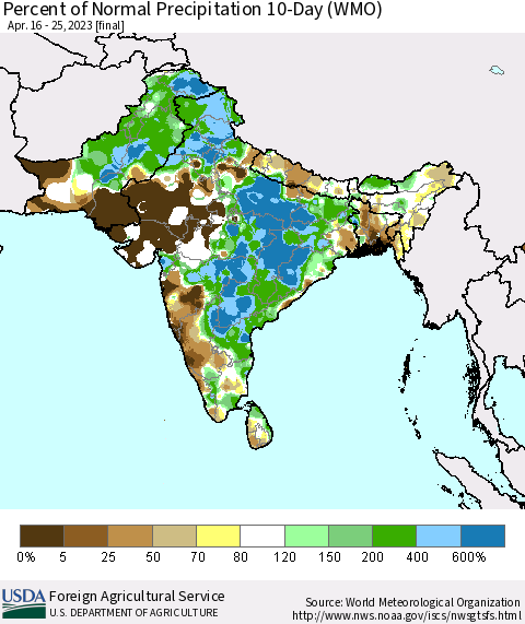 Southern Asia Percent of Normal Precipitation 10-Day (WMO) Thematic Map For 4/16/2023 - 4/25/2023