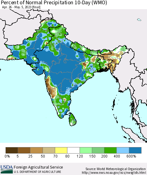 Southern Asia Percent of Normal Precipitation 10-Day (WMO) Thematic Map For 4/26/2023 - 5/5/2023