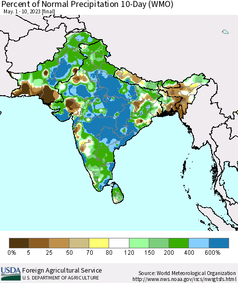 Southern Asia Percent of Normal Precipitation 10-Day (WMO) Thematic Map For 5/1/2023 - 5/10/2023