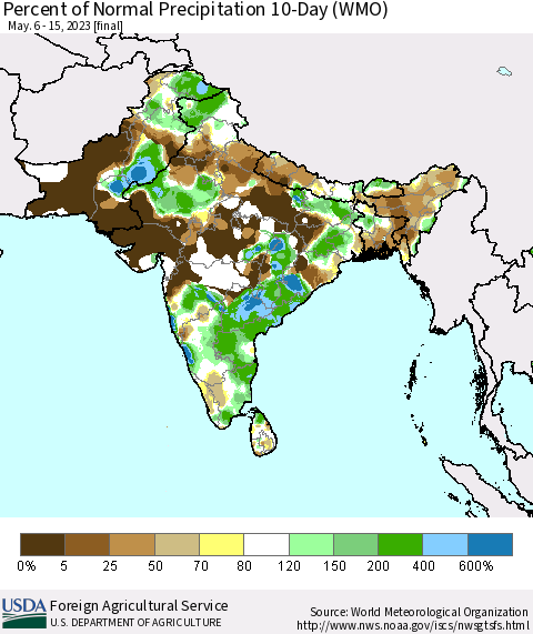 Southern Asia Percent of Normal Precipitation 10-Day (WMO) Thematic Map For 5/6/2023 - 5/15/2023