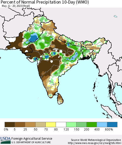 Southern Asia Percent of Normal Precipitation 10-Day (WMO) Thematic Map For 5/11/2023 - 5/20/2023