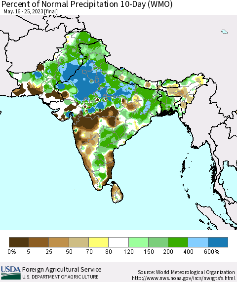 Southern Asia Percent of Normal Precipitation 10-Day (WMO) Thematic Map For 5/16/2023 - 5/25/2023