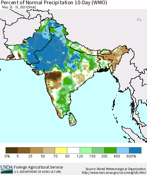 Southern Asia Percent of Normal Precipitation 10-Day (WMO) Thematic Map For 5/21/2023 - 5/31/2023