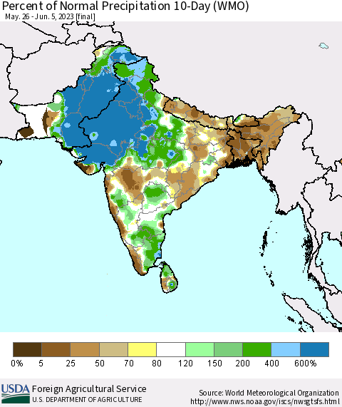 Southern Asia Percent of Normal Precipitation 10-Day (WMO) Thematic Map For 5/26/2023 - 6/5/2023