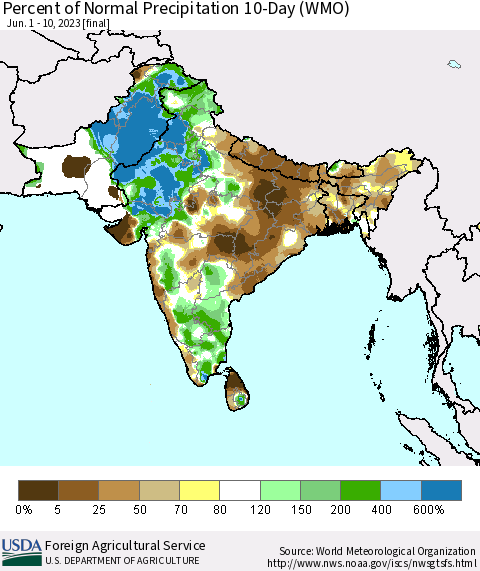 Southern Asia Percent of Normal Precipitation 10-Day (WMO) Thematic Map For 6/1/2023 - 6/10/2023