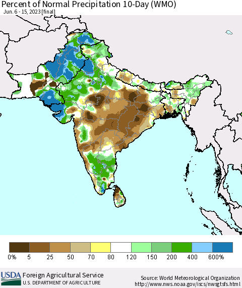 Southern Asia Percent of Normal Precipitation 10-Day (WMO) Thematic Map For 6/6/2023 - 6/15/2023