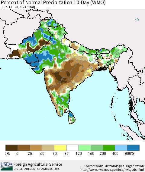 Southern Asia Percent of Normal Precipitation 10-Day (WMO) Thematic Map For 6/11/2023 - 6/20/2023