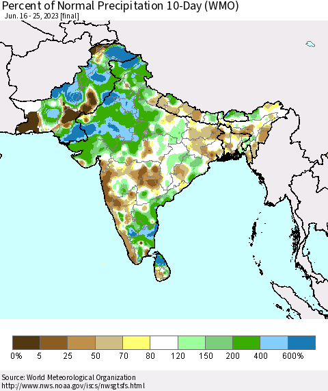 Southern Asia Percent of Normal Precipitation 10-Day (WMO) Thematic Map For 6/16/2023 - 6/25/2023