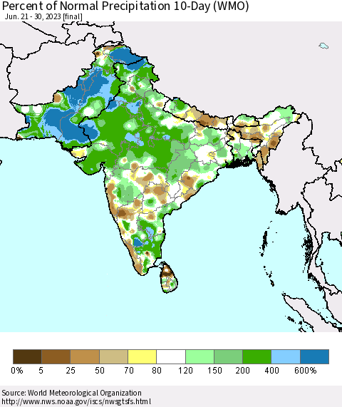 Southern Asia Percent of Normal Precipitation 10-Day (WMO) Thematic Map For 6/21/2023 - 6/30/2023