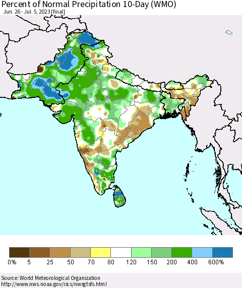 Southern Asia Percent of Normal Precipitation 10-Day (WMO) Thematic Map For 6/26/2023 - 7/5/2023