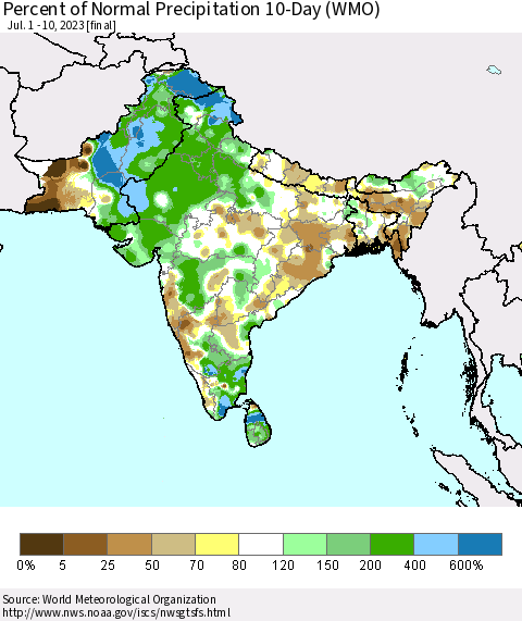 Southern Asia Percent of Normal Precipitation 10-Day (WMO) Thematic Map For 7/1/2023 - 7/10/2023
