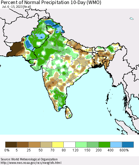 Southern Asia Percent of Normal Precipitation 10-Day (WMO) Thematic Map For 7/6/2023 - 7/15/2023