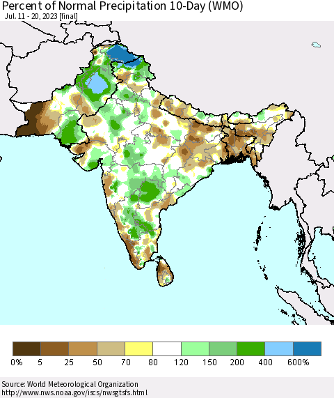 Southern Asia Percent of Normal Precipitation 10-Day (WMO) Thematic Map For 7/11/2023 - 7/20/2023