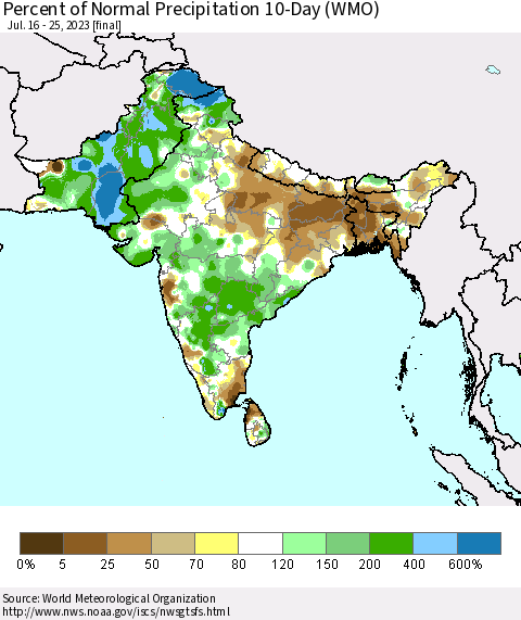 Southern Asia Percent of Normal Precipitation 10-Day (WMO) Thematic Map For 7/16/2023 - 7/25/2023
