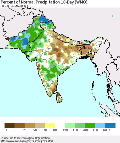 Southern Asia Percent of Normal Precipitation 10-Day (WMO) Thematic Map For 7/21/2023 - 7/31/2023
