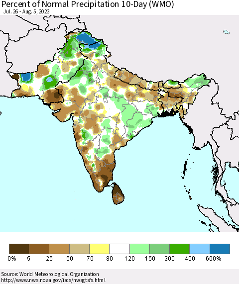 Southern Asia Percent of Normal Precipitation 10-Day (WMO) Thematic Map For 7/26/2023 - 8/5/2023