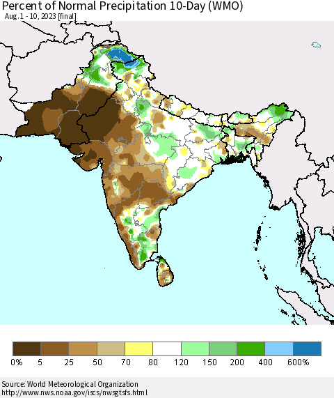 Southern Asia Percent of Normal Precipitation 10-Day (WMO) Thematic Map For 8/1/2023 - 8/10/2023