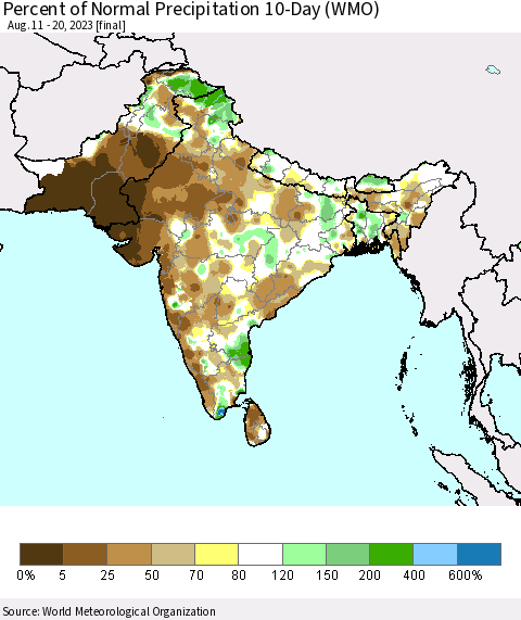 Southern Asia Percent of Normal Precipitation 10-Day (WMO) Thematic Map For 8/11/2023 - 8/20/2023