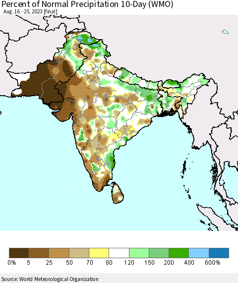 Southern Asia Percent of Normal Precipitation 10-Day (WMO) Thematic Map For 8/16/2023 - 8/25/2023