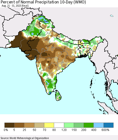 Southern Asia Percent of Normal Precipitation 10-Day (WMO) Thematic Map For 8/21/2023 - 8/31/2023