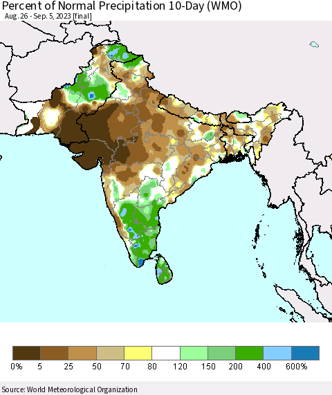 Southern Asia Percent of Normal Precipitation 10-Day (WMO) Thematic Map For 8/26/2023 - 9/5/2023