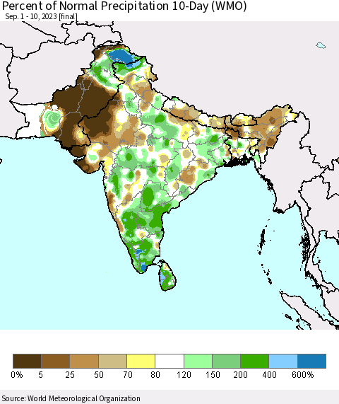 Southern Asia Percent of Normal Precipitation 10-Day (WMO) Thematic Map For 9/1/2023 - 9/10/2023