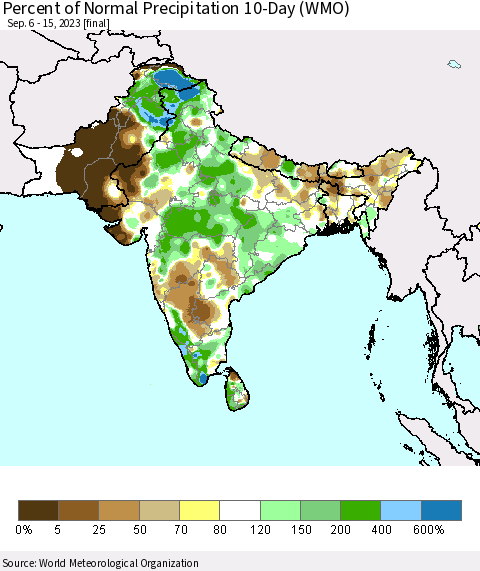 Southern Asia Percent of Normal Precipitation 10-Day (WMO) Thematic Map For 9/6/2023 - 9/15/2023