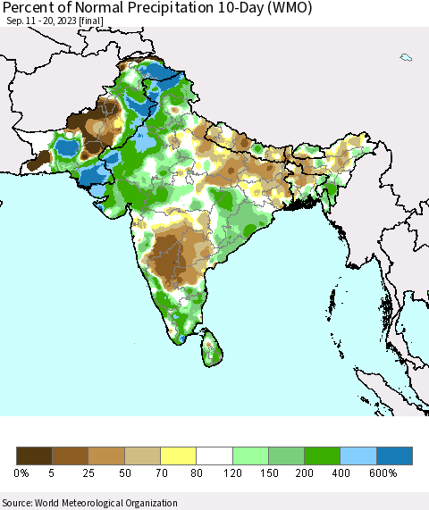 Southern Asia Percent of Normal Precipitation 10-Day (WMO) Thematic Map For 9/11/2023 - 9/20/2023