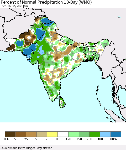 Southern Asia Percent of Normal Precipitation 10-Day (WMO) Thematic Map For 9/16/2023 - 9/25/2023