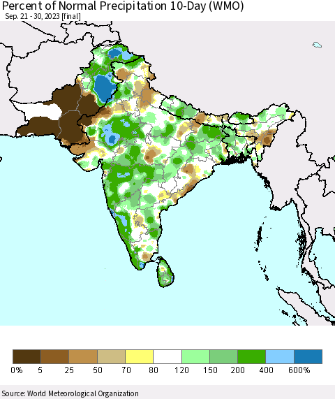 Southern Asia Percent of Normal Precipitation 10-Day (WMO) Thematic Map For 9/21/2023 - 9/30/2023