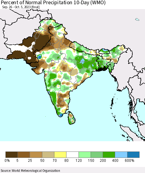 Southern Asia Percent of Normal Precipitation 10-Day (WMO) Thematic Map For 9/26/2023 - 10/5/2023