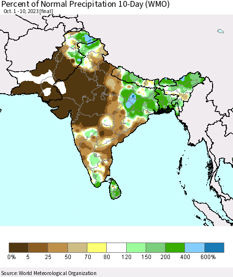 Southern Asia Percent of Normal Precipitation 10-Day (WMO) Thematic Map For 10/1/2023 - 10/10/2023