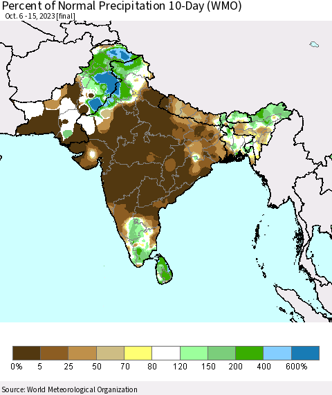 Southern Asia Percent of Normal Precipitation 10-Day (WMO) Thematic Map For 10/6/2023 - 10/15/2023