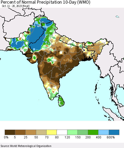 Southern Asia Percent of Normal Precipitation 10-Day (WMO) Thematic Map For 10/11/2023 - 10/20/2023