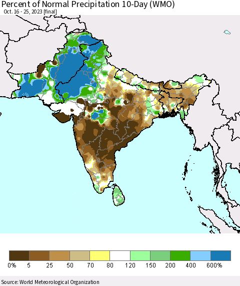 Southern Asia Percent of Normal Precipitation 10-Day (WMO) Thematic Map For 10/16/2023 - 10/25/2023