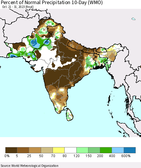 Southern Asia Percent of Normal Precipitation 10-Day (WMO) Thematic Map For 10/21/2023 - 10/31/2023