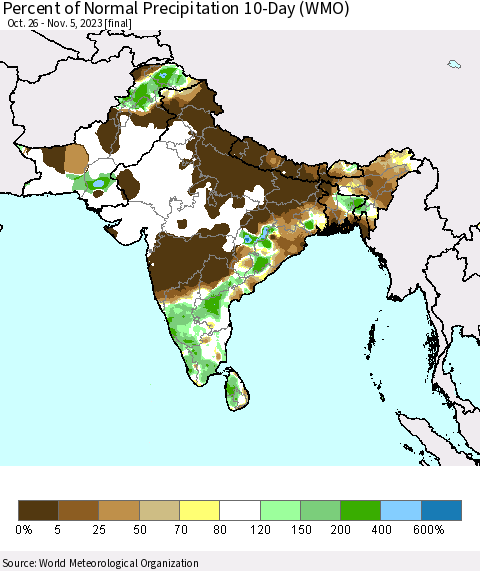 Southern Asia Percent of Normal Precipitation 10-Day (WMO) Thematic Map For 10/26/2023 - 11/5/2023