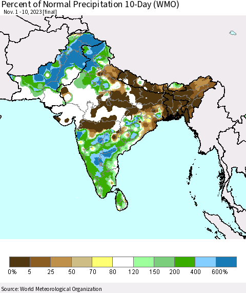 Southern Asia Percent of Normal Precipitation 10-Day (WMO) Thematic Map For 11/1/2023 - 11/10/2023