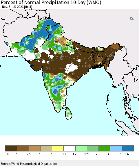 Southern Asia Percent of Normal Precipitation 10-Day (WMO) Thematic Map For 11/6/2023 - 11/15/2023